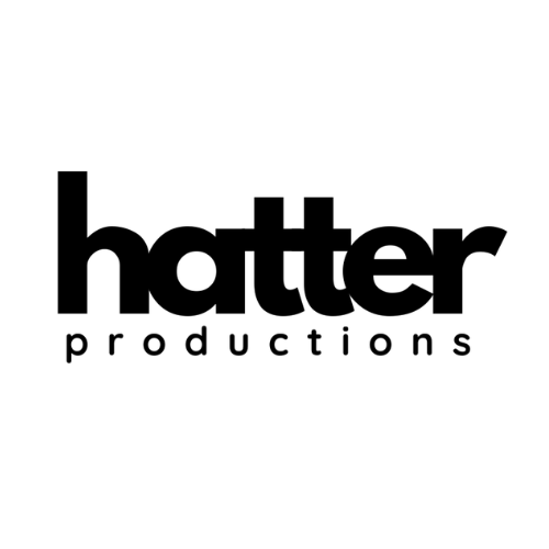 Graphic logo for HATTER PRODUCTIONS featuring bold letters, a stylized green hat and stars